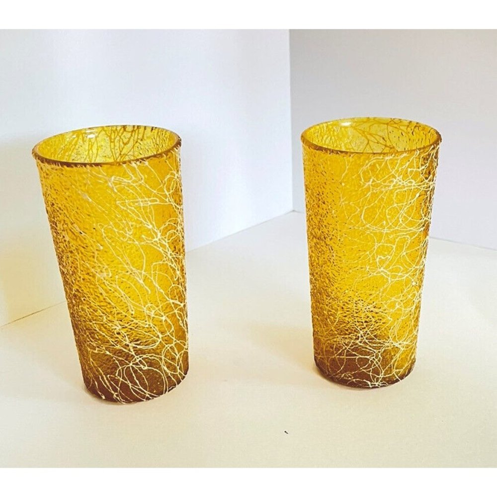 VTG 50s Rubber Spaghetti String Glass Tumbler MCM ~ 12oz ~ 2 Golden Yellow